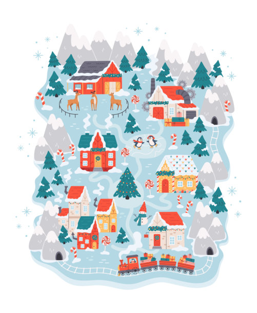 圣诞老人工作室、驯鹿马厩、精灵村庄和节日火车组成的北极圣诞村庄地图，非常适合圣诞贺卡、海报、降临节日历、儿童插画和节日设计。图片下载