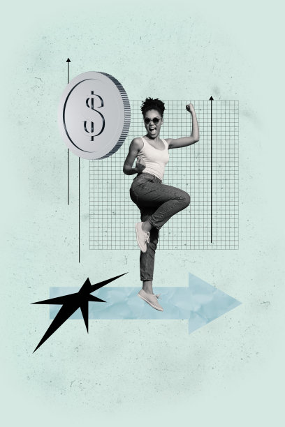 杂志潮流竖版流行照片拼贴：快乐的商人和女商人收到美元硬币、资本、箭头和进度统计数据图片下载