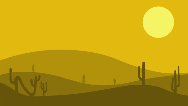 日落景色，黄色的天空，沙漠氛围，背景有仙人掌的插画图片下载