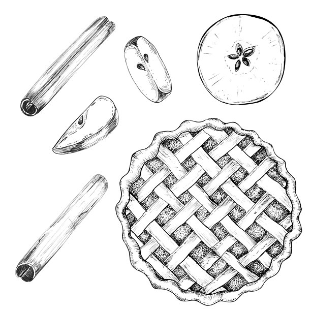 一束苹果、苹果切片、肉桂棒和苹果派。食物绘画。烘焙店单色剪贴画。黑白线条艺术。手绘墨水插画，用于烘焙主题设计和食品包装。图片下载