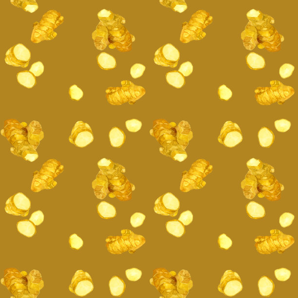 无缝姜黄图案。手绘水彩蔬菜香草背景插画素材。图片下载