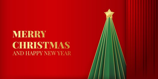 圣诞快乐横幅，背景为窗帘和绿色圣诞树，主色调为红金色。适用于演示文稿和季节性促销的矢量插画。图片下载