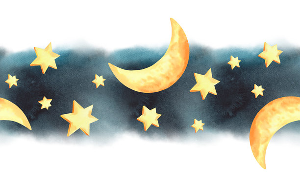 深蓝色水彩夜空中的星星和月亮无缝边框。水彩插画。适用于面料、壁纸、包装纸、贺卡、设计、装饰和插画。图片下载
