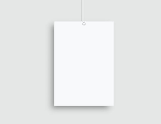 墙上带有阴影和电缆吊索的逼真空白悬挂海报模型，背景中孤立的金属孔眼。用于展示艺术品、图片、展览、广告的设计模板。矢量图。图片下载