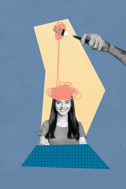 竖构图艺术照片拼贴，快乐的女孩、男孩手持叉子，意大利面条，虚假信息诈骗理发师。图片下载