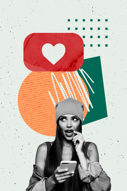 潮流艺术创意图片 照片拼贴 震惊的女孩拿着手机 收到点赞通知 博客反应 反馈 爱心图片下载