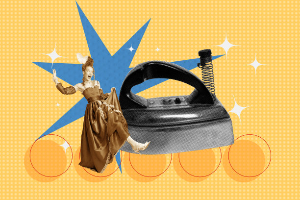 创意艺术海报横幅 3D拼贴照片 快乐公爵夫人女孩跳舞 复古熨斗 家务  पुनर्जागरण时期图片下载