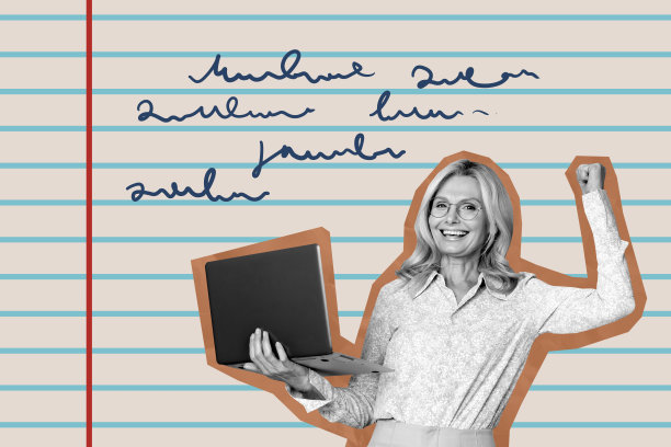 时尚的3D海报艺术作品照片拼贴，一位快乐的老年女商人拿着笔记本电脑、便签、涂鸦便条贴，在工作场所自由职业图片下载