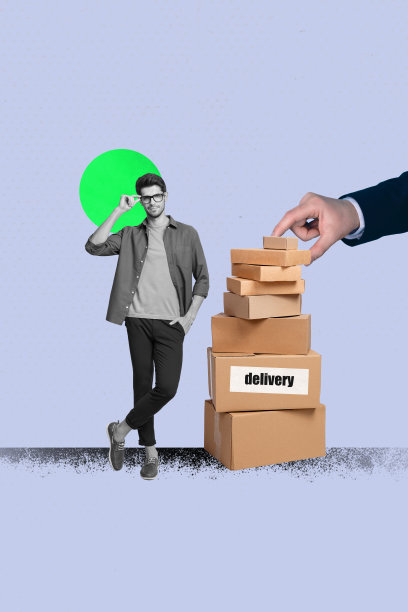 垂直3D杂志流行趋势图片拼贴，描绘了快乐的女孩和男孩，他们站着提供送货服务，手持货运箱，进行快速快递分发。图片下载