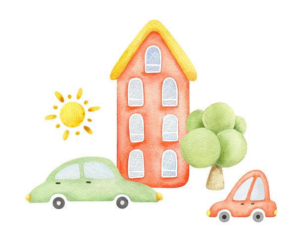 房屋旁的汽车、树木和太阳的城市景观。儿童风格的孤立水彩插画，手绘风景。适用于婴儿送礼卡、儿童房、海报、生日的彩色布置。图片下载