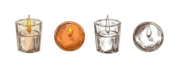 手绘复古风格的玻璃烛台燃烧蜡烛的插画，包含彩色和单色版本，俯视角度。图片下载