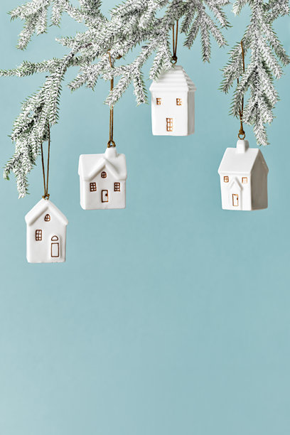 圣诞节小房子装饰挂在雪地里的绿枝上，背景为蓝色，象征着房产、抵押贷款、保险、新家和温馨假期的'新年装饰'，简约的冬日节日照片。图片下载
