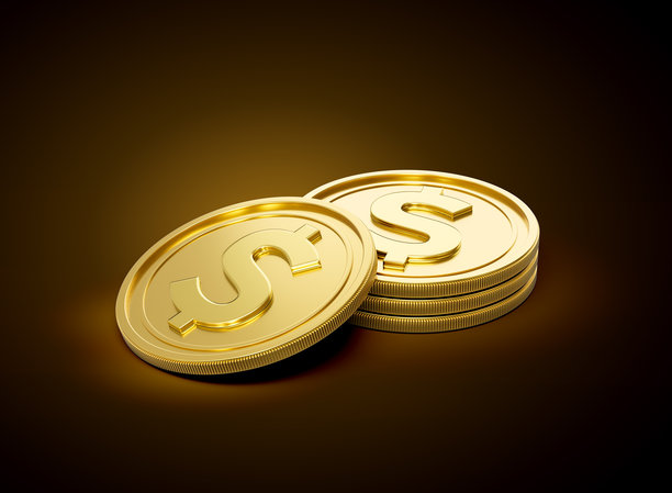 闪耀金色光芒背景上的金色闪亮美元硬币堆叠，3D插画图片下载