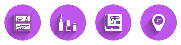 狩猎商店武器、子弹、带手枪或枪的书籍和位置图标与长阴影集合矢量素材图片下载