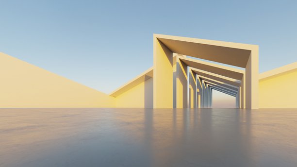 3D抽象现代建筑背景插画，极简几何建筑设计，汽车展示背景配空旷混凝土地面，几何白色方块建筑设计图片下载