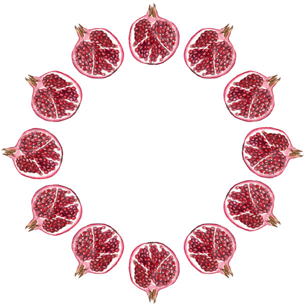 一个开放的石榴水彩圆形框架，孤立在白色背景上。手绘插图非常适合烹饪设计、厨房、家居装饰、印刷品、卡片和果汁包装。秋季收获剪贴画。图片下载