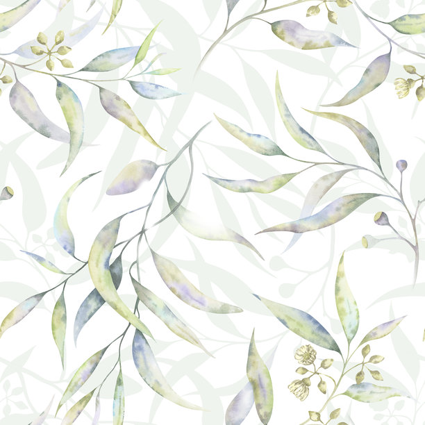 绿色枝条无缝图案。水彩插画技法中的桉树。柔和的粉彩色调创造出适合环保设计的图案。非常适合用于包装纸、壁纸和文具。图片下载