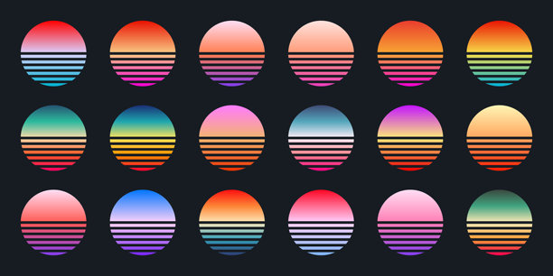 复古彩色日落。80年代和90年代风格的条纹渐变日出徽章。太阳和海景，夏日氛围，冲浪。用于印刷品、徽标或T恤的设计元素。矢量插画图片下载