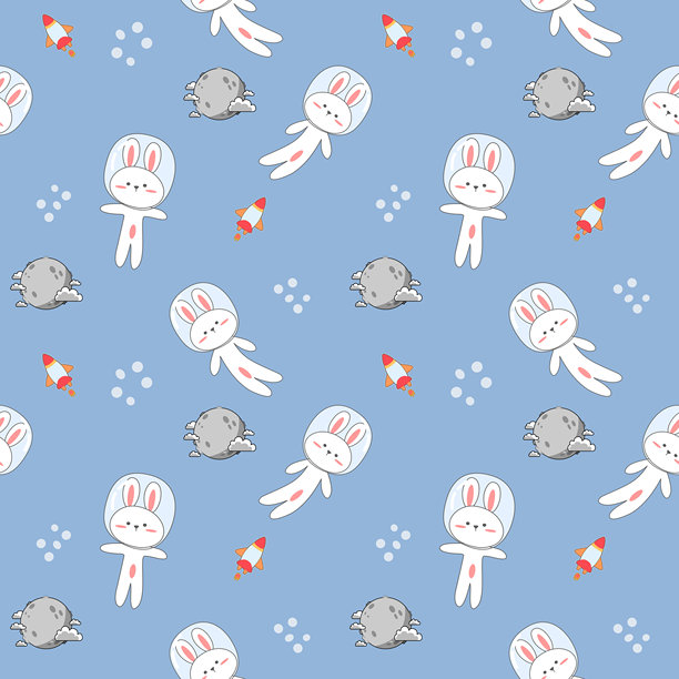 太空中的兔子卡通形象，非常可爱。在蓝色的宇宙飞船月球背景上。无缝矢量插画图案。图片下载
