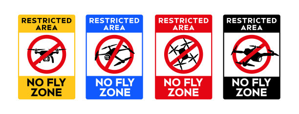 禁止无人机区域矢量图集，包含禁止四旋翼飞行器和间谍摄像头飞行的标志。隐私、安全和限制空域警告图标。停止和禁止区域矢量标签设计插画。图片下载