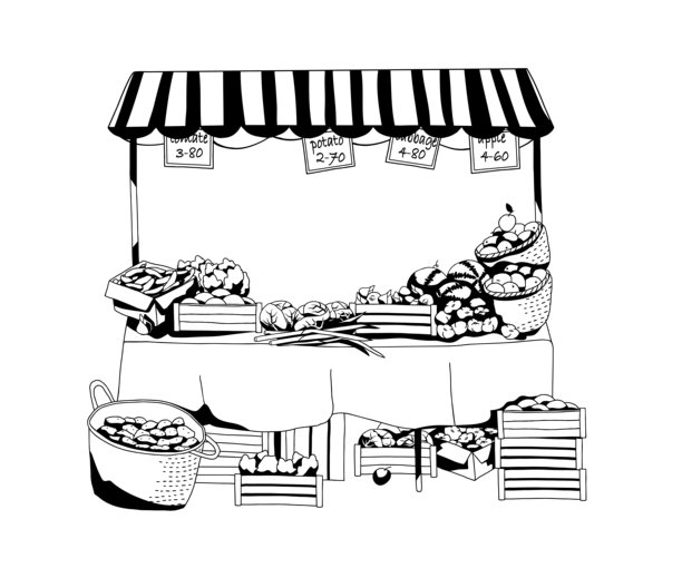 市场摊位上摆满了有机蔬菜和水果。手绘线条黑白矢量插画图片下载