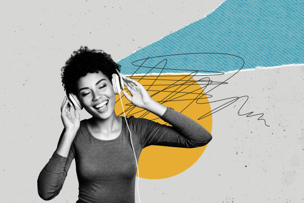 快乐女孩3D艺术插画拼贴，戴着耳机听音乐，音乐爱好者，播放列表，迪斯科派对，周末放松图片下载