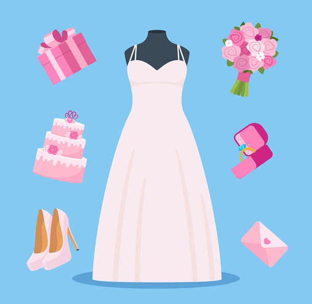 婚礼用品、装饰品套装。新娘礼服、花束、戒指、鞋子、礼物等。矢量插画。图片下载