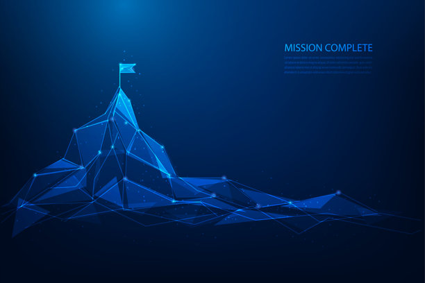 商务目标达成成功。使命与愿景旗帜插在山峰上。奇幻科技矢量插画。图片下载