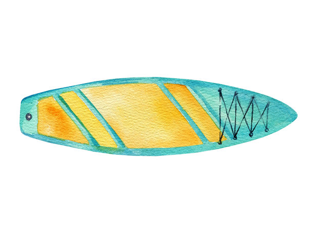 水彩充气桨板站立，手绘插画，明亮的立式桨板，SUP，海上、海洋、湖泊、河流活动运动装备，水上夏日度假素描图片下载