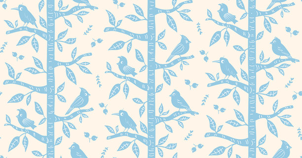 斯堪的纳维亚风格的色块印花林地树木和可爱小鸟条纹无缝图案，采用柔和的婴儿蓝和奶油色，矢量插画，手绘北欧森林重复设计印花图片下载