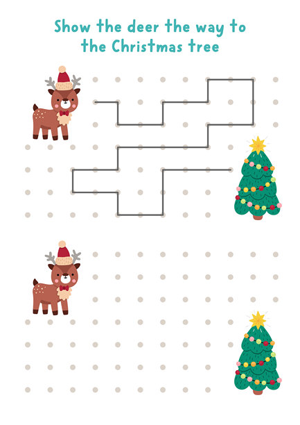 圣诞节或新年儿童绘画、书写、描摹、空间定向活动，包含鹿和装饰的圣诞树。按照示例在框内画线。冬季节日可打印游戏、谜题图片下载