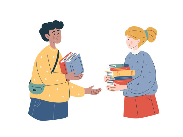 年轻男女在环保图书交换活动中交换书籍的矢量插画。象征着再利用、社区共享和可持续文化。干净简约的设计图片下载