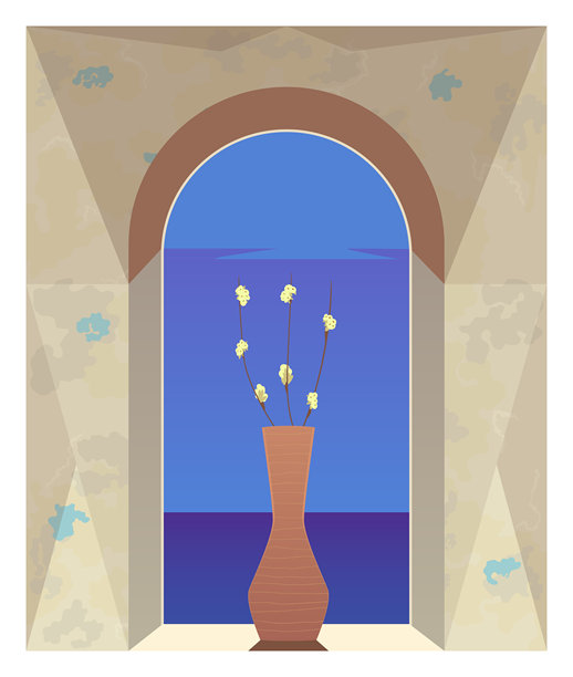 抽象的墙壁，带有几何多边形、可俯瞰大海的拱形窗户和一瓶花。建筑与室内设计，波西米亚风，艺术绘画，大地色系，用于印刷的艺术设计。矢量插画。图片下载