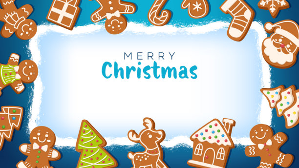 圣诞背景，包含姜饼人、圣诞老人、驯鹿、房屋、圣诞树和拐杖糖。节日冬季边框插画，适用于庆祝活动、邀请函、海报、横幅和贺卡。图片下载