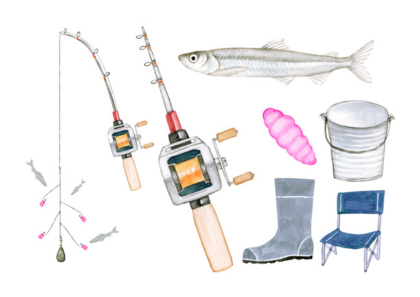 一套冶炼鱼具的水彩插画图片下载