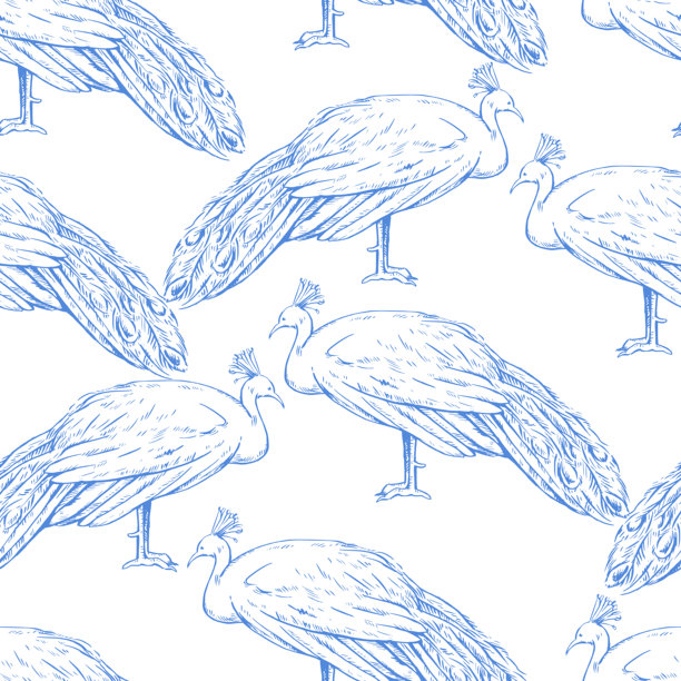 精美的孔雀雄性雕刻风格无缝图案。复古墨水插画，用于装饰和纺织品。图片下载