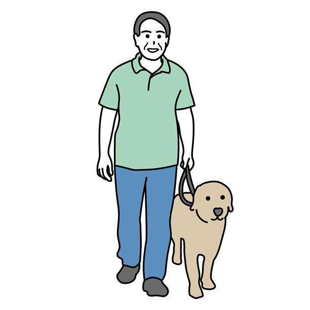 一位老人牵着他的狗散步的插画图片下载