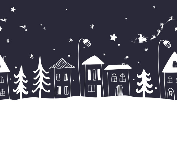 卡通房屋小村庄，冬季夜晚线性景观。圣诞夜，圣诞老人飞越城市街道。卡通圣诞插画。图片下载