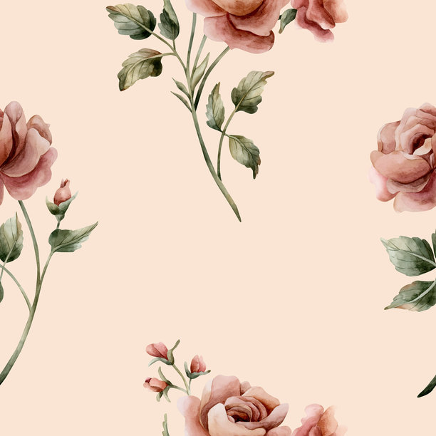米色背景上的玫瑰花无缝图案，灰粉色花园维多利亚风格水彩手绘花卉插画图片下载