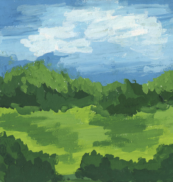 抽象背景，有绿树和蓝天。手绘插画。图片下载