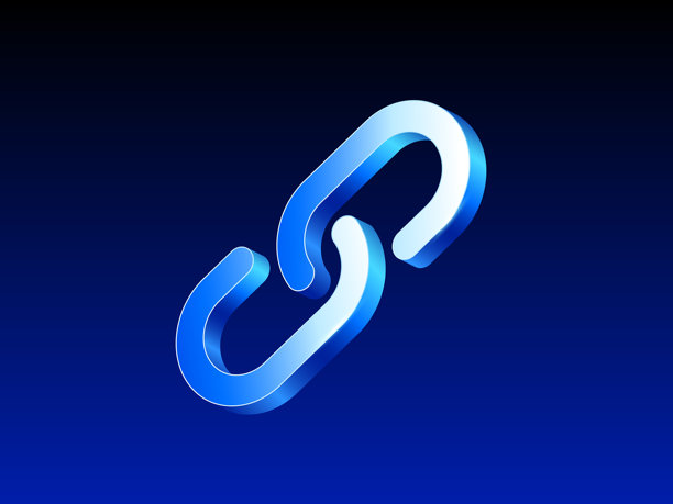 深蓝色渐变背景上的3D发光链环图标，象征着现代科技背景下的连接、团结或数字链接。3D矢量插画图片下载