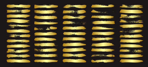 金色笔触、线条、墨迹污点、手绘涂鸦形状。手工素描痕迹、丙烯颜料污渍、炭笔条纹。油漆纹理、干刷效果。马克笔下划线。矢量插画图片下载