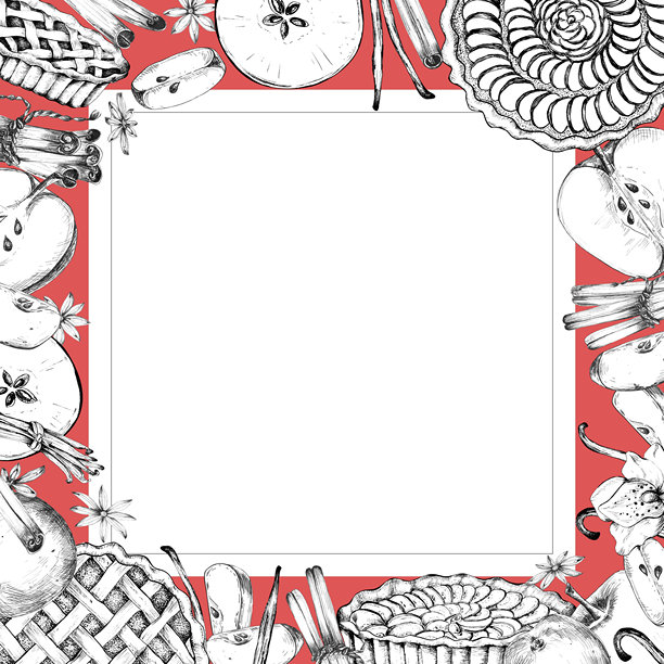 红色背景上方形构图的苹果、苹果派、挞或蛋糕、肉桂、香草、八角星的墨水画，并留有复制空间。手绘插画，用于烘焙主题设计商品、明信片。图片下载