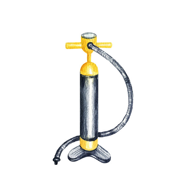 用于充气游泳板的水彩画水泵，水上休闲设备，桨板支架，手绘的明亮水上运动配饰插画，夏日度假草图图片下载