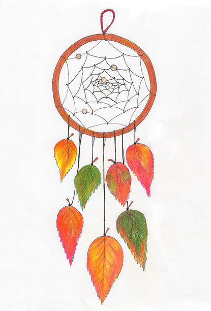 秋季捕梦网插画，配有彩色树叶、网状图案和悬挂的羽毛图片下载
