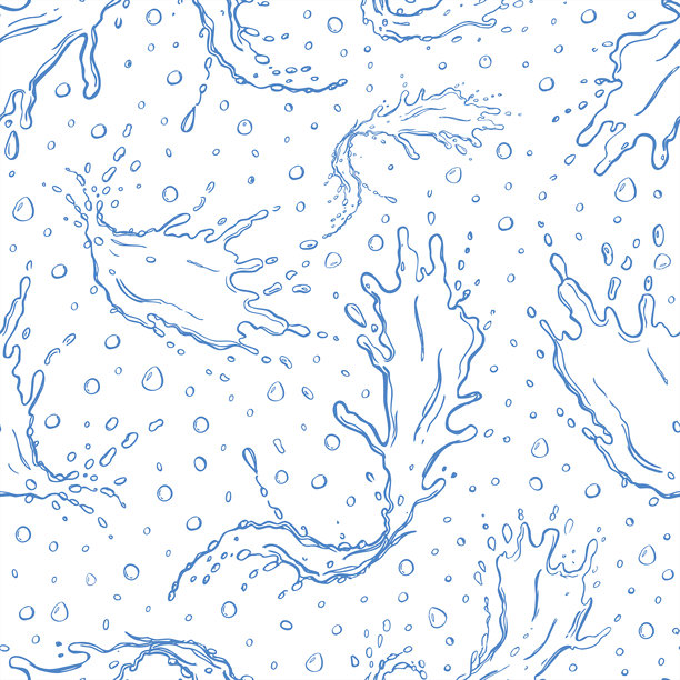 矢量蓝色水花剪影带水滴无缝图案。动态流畅水曲线带气泡线条墨水，孤立插画，适用于包装、纺织品、美容设计图片下载