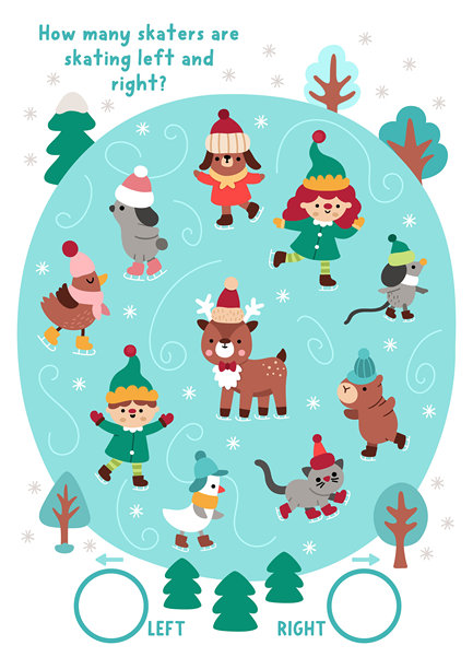 圣诞节逻辑游戏，包含左右概念，适合儿童。我看见（I spy）寻物、计数活动，有小精灵和动物在溜冰场上滑冰。新年可打印的空间方位工作表，供儿童使用。图片下载