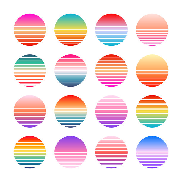 复古彩色日落。80年代和90年代风格的条纹渐变日出徽章。太阳和海景，夏日氛围，冲浪。用于印刷品、徽标或T恤的设计元素。矢量插画图片下载