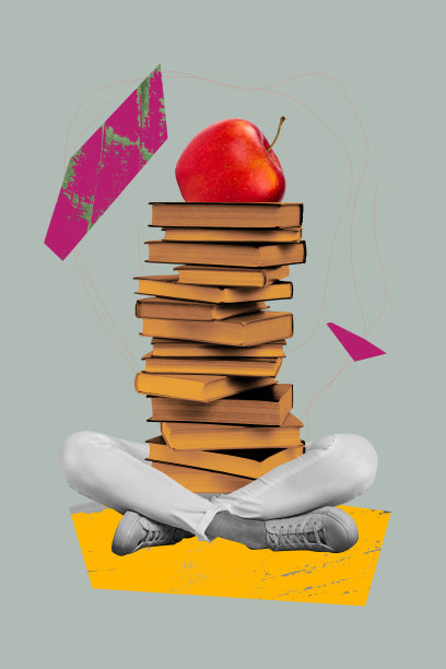 垂直手绘风格的照片拼贴，描绘了戴着帽子、身体被书本堆叠取代的匿名学生，象征着教育、苹果、书籍阅读的爱好。图片下载