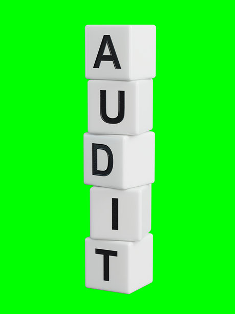 木质元素与“审计”字样，木质元素的特写，商业概念。在绿屏上进行3D渲染，用于素材和抠图。图片下载